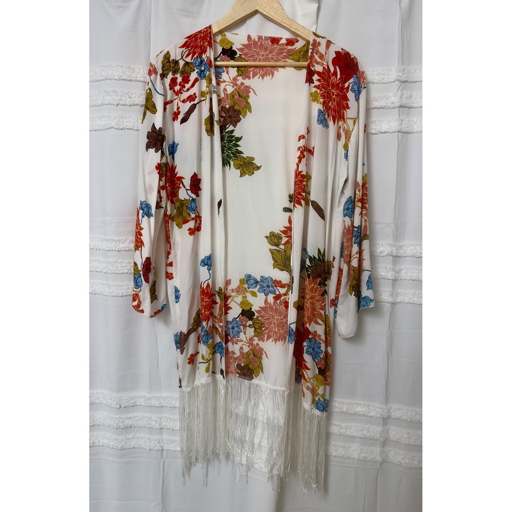 SHEIN Floral Fringe Kimono Cardigan White Boho Open Front Cover Up Large